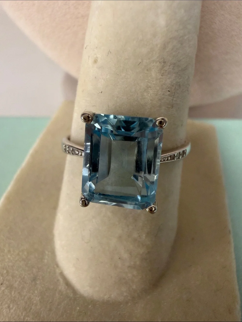 Genuine Lab Aquamarine Emerald-Cut and Moissanite Sterling Silver Ring MSRP $249